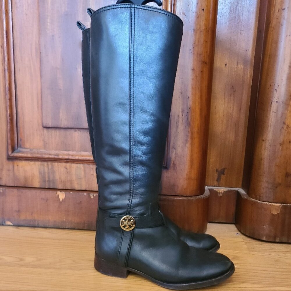 TORY BURCH TALL LEATHER EQUESTRIAN ENGLISH RIDING BOOTS LOGO ANKLE STRAP sz 5M